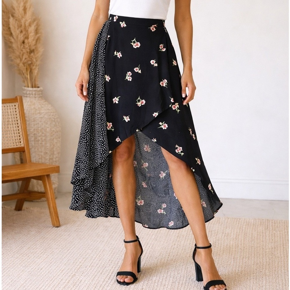 Topshop Women Black Floral Polka Dot High Low Wrap Skirt Size 10 New with tags